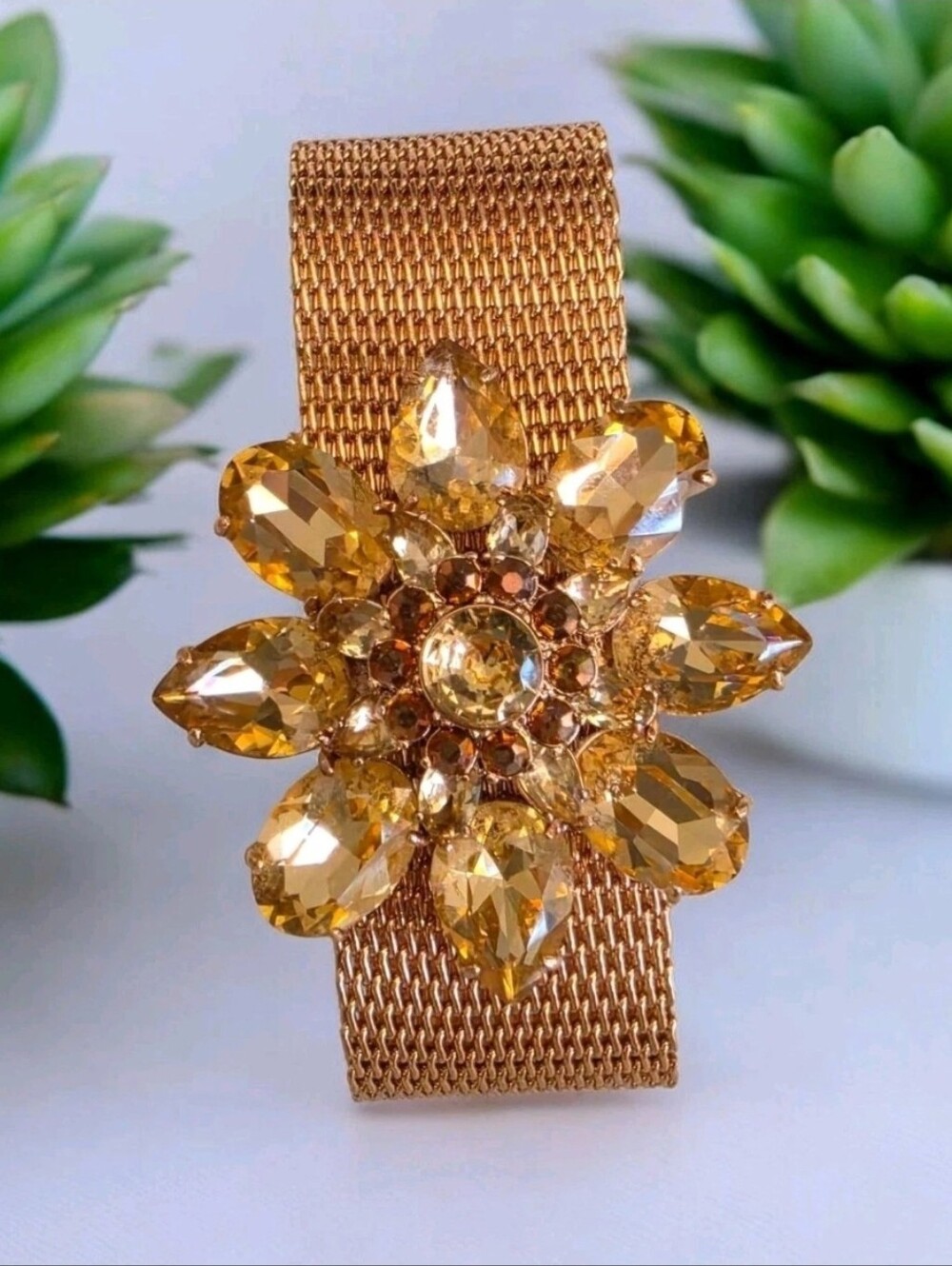 Vintage Signed Henri Bendel Rose Gold Tone Mesh Bracelet Floral Crystal Wrap